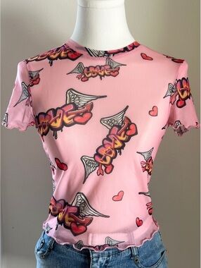 Bershka Pink Graffiti Tattoo Mesh Top